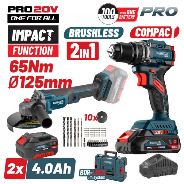 BORMANN Pro BBP5433X44T2CA Σετ Compact Brushless Κρουστικό Δραπαν/βιδο 65Νm & Γωνιακός Τροχός,ΒMC BORMANN Pro BBP5433X44T2CA Σετ Compact Brushless Κρουστικό Δραπαν/βιδο 65Νm & Γωνιακός Τροχός,ΒMC
